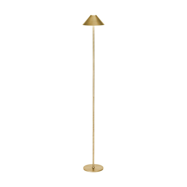 Hygge LED Rechargeable Outdoor Floor Lamp in antique brass with a slim round stem, conical shade, and flat round base, shown on a plain white background.