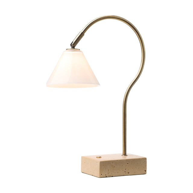 Question LED rechargeable table lamp with a curved antique brass rod, conical opal glass shade, and pitted travertine base, shown on a white background.