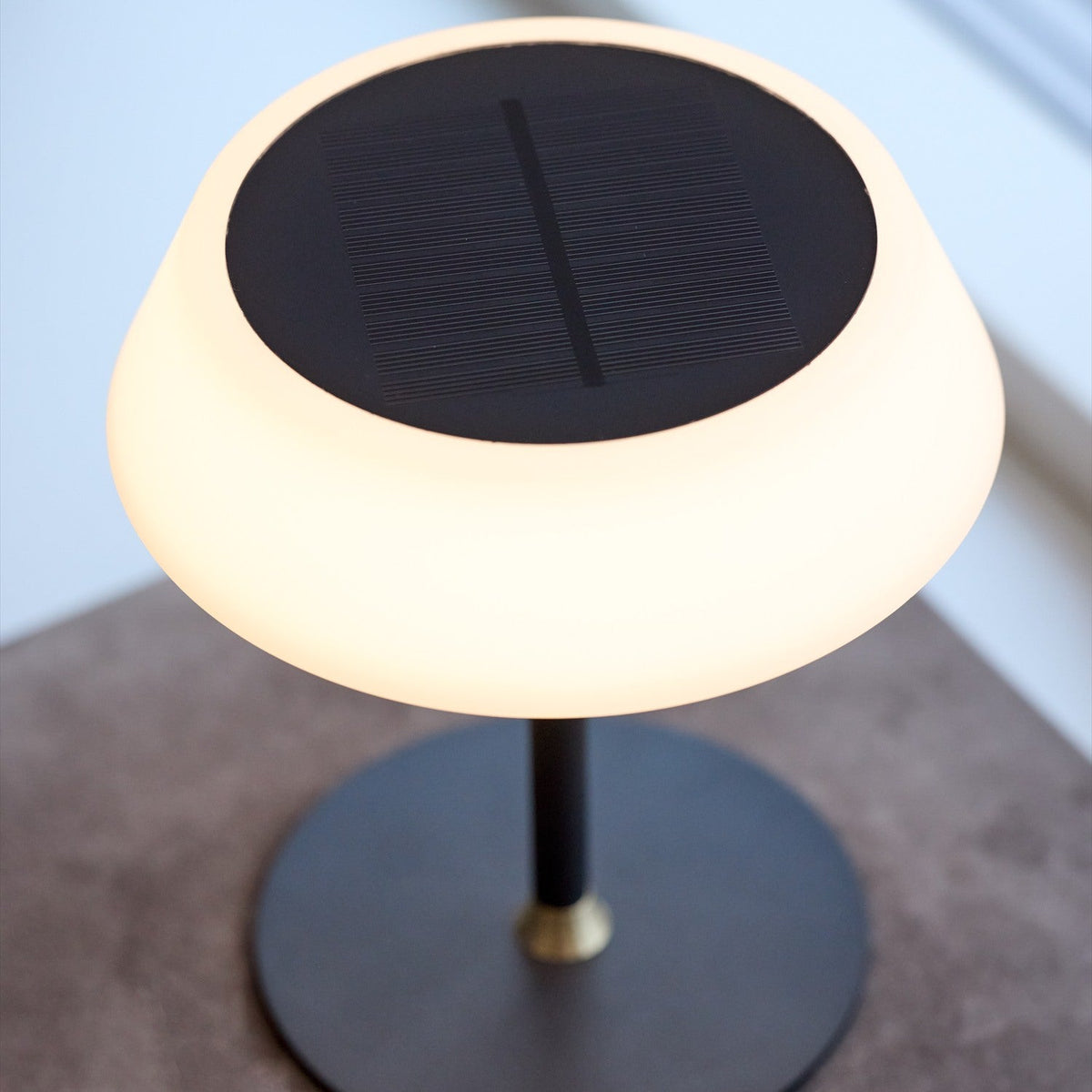 Solar LED Portable Outdoor Table Lamp in black, close-up of the opal glass ring shade with black solar panel top, on a slim black stem with brass base detail.