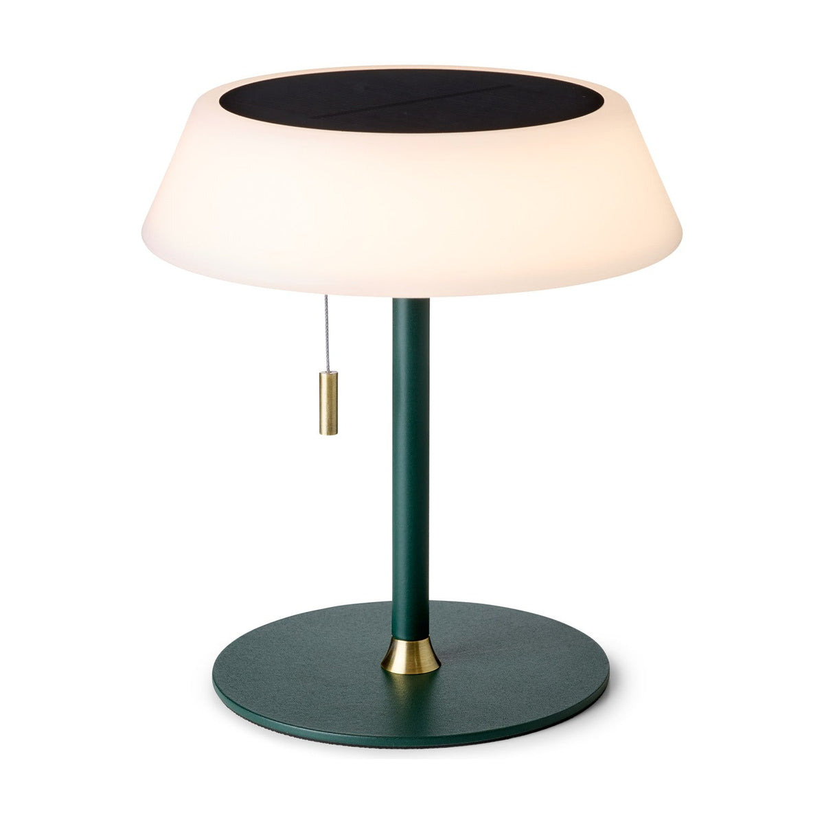 Solar LED Portable Outdoor Table Lamp in dark green, with a wide opal drum shade topped by a black panel, brass pull cord, and matt round stem on a circular base, shown on a plain white background.