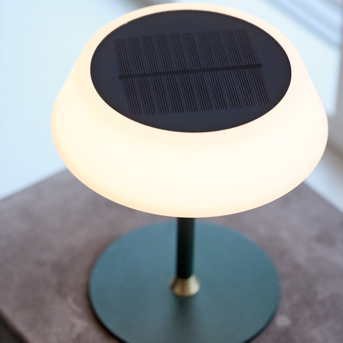 Solar LED Portable Outdoor Table Lamp in dark green, close-up of the opal drum shade with black solar panel top, matt green stem and round base.