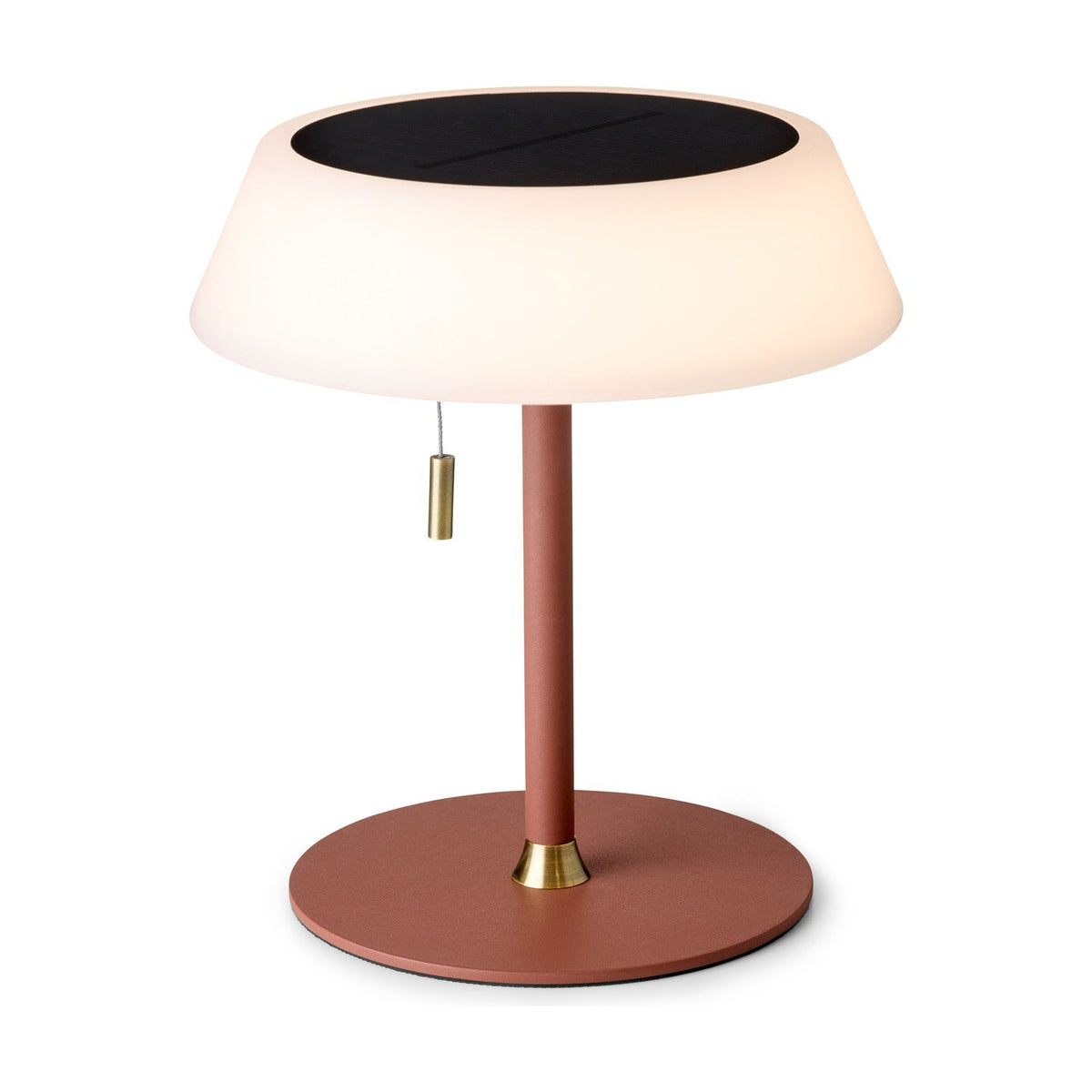 Solar LED Portable Outdoor Table Lamp in terracotta, with a wide opal drum shade topped by a black solar panel, brass pull toggle, and round terracotta stem and base on a white background.