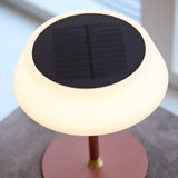 Solar LED Portable Outdoor Table Lamp in terracotta, close-up of the illuminated opal shade with black solar panel top and slim stem on a round terracotta base.