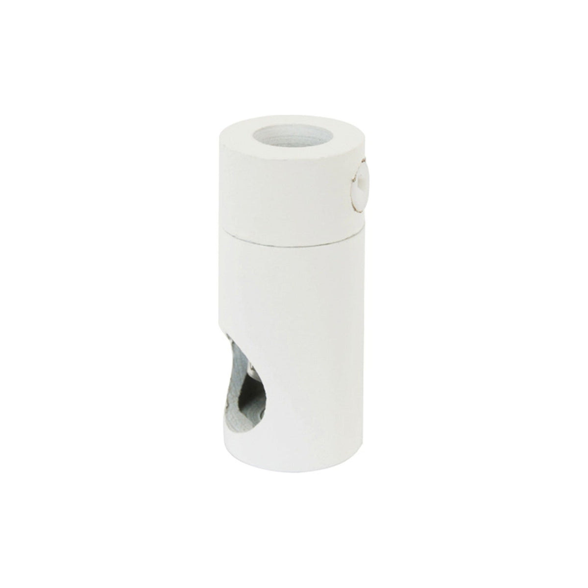White cylindrical ceiling holder for pendants with a flat top cord-entry ring, side grub screw boss, and a slotted cord grip opening, shown on a plain background.