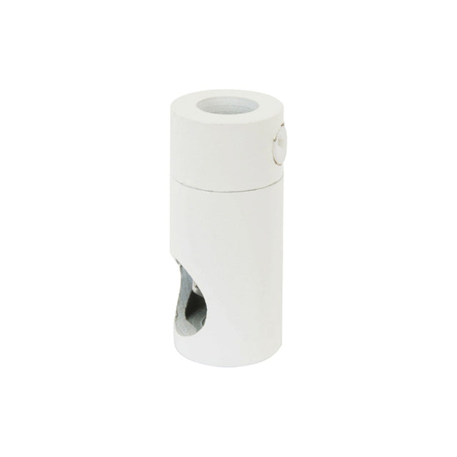 White cylindrical ceiling holder for pendants with a flat top cord-entry ring, side grub screw boss, and a slotted cord grip opening, shown on a plain background.