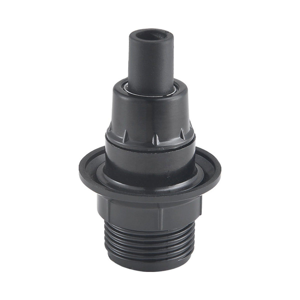 E14 Socket Ring Lampholder in black plastic with threaded skirt, ribbed shoulder, flat shade ring collar and plain cord entry, shown on a white background.