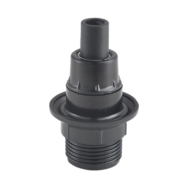 E14 Socket Ring Lampholder in black plastic with threaded skirt, ribbed shoulder, flat shade ring collar and plain cord entry, shown on a white background.