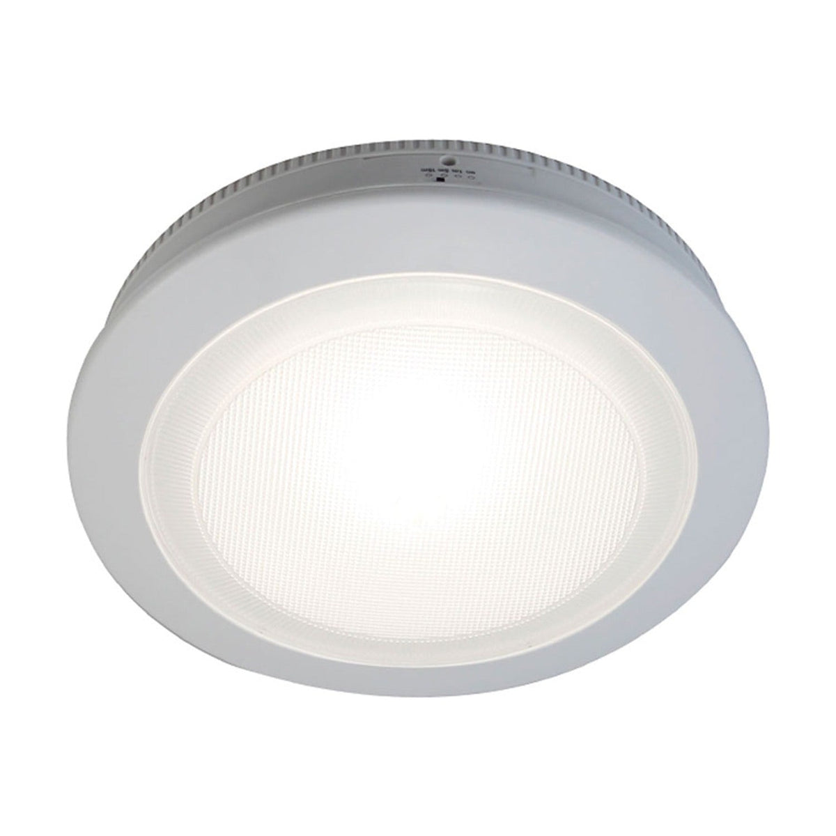 Push LED Maxi Rechargeable Table Lamp in white, a round puck-shaped design with a ribbed edge and gridded lens glowing at its centre, shown on a plain white background.