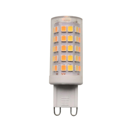 Colors G9 5W CCT LED bulb with clear cylindrical sleeve showing five rings of square diodes on a white core, flat white base with two pins, on a plain white background.