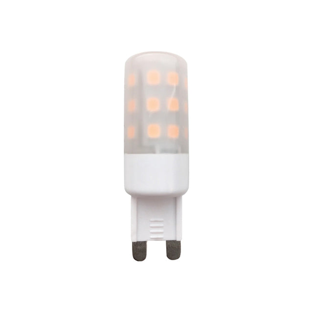 Colors LED G9 5W Dimmable Bulb with a frosted white cylindrical sleeve showing a grid of warm LED diodes, white base and two pins, shown on a plain background.