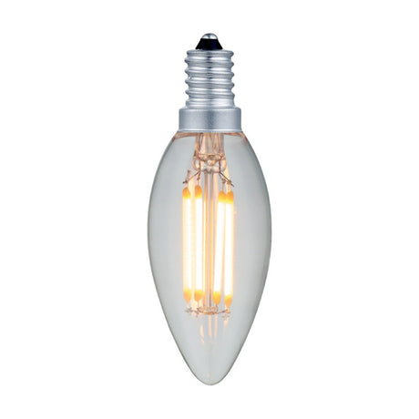Colors LED Mini Candle Luxe E14 2W Bulb with clear glass, pointed tip, four upright LED filaments, and a silver E14 screw cap, shown on a white background.