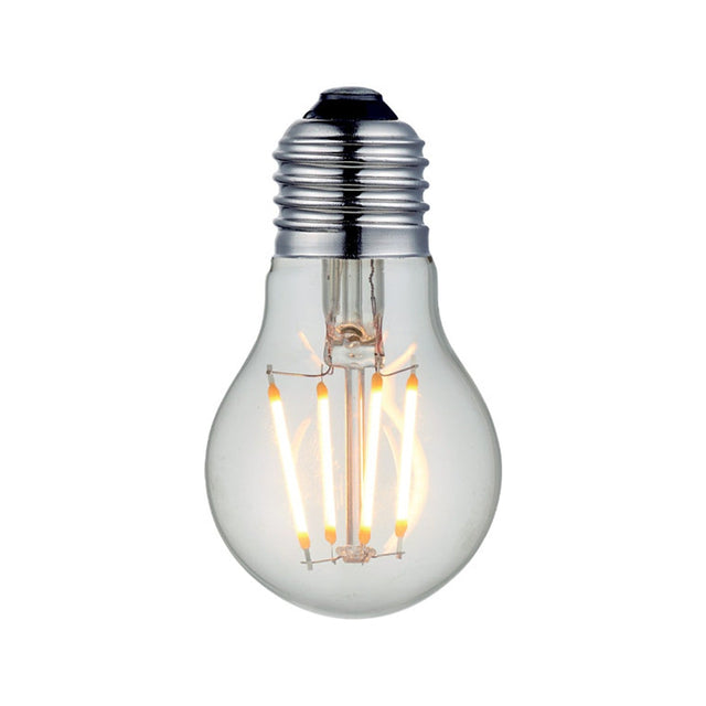 Colors LED Mini Classic Luxe E27 2W bulb with clear pear-shaped glass, four upright flame-shaped LED filaments, and a ribbed silver E27 screw cap on a plain white background.
