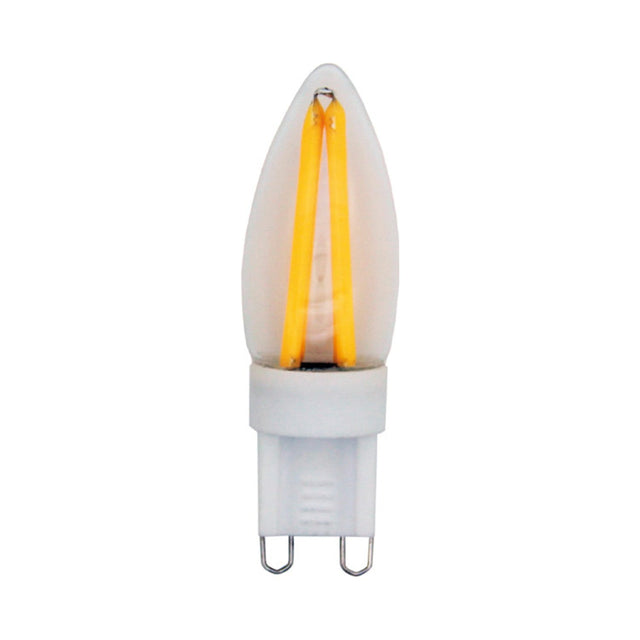 Colors LED Tube Luxe G9 2W Bulb, a candle-shaped LED lamp with frosted glass, visible amber filaments, and a white G9 pin base, shown on a plain white background.
