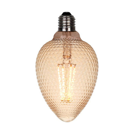 Colors Facet G100 E27 2W bulb, a teardrop-shaped amber glass light bulb with an all-over faceted texture, silver E27 screw cap, and visible filament, shown on a plain white background.