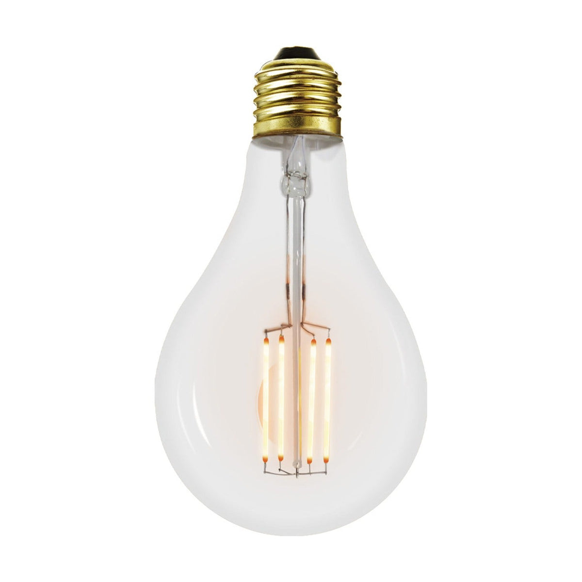 Colors LED XL Classic E27 4W Bulb, a large pear-shaped clear glass bulb with four upright LED filaments and a brass-coloured E27 screw cap, on a plain white background.