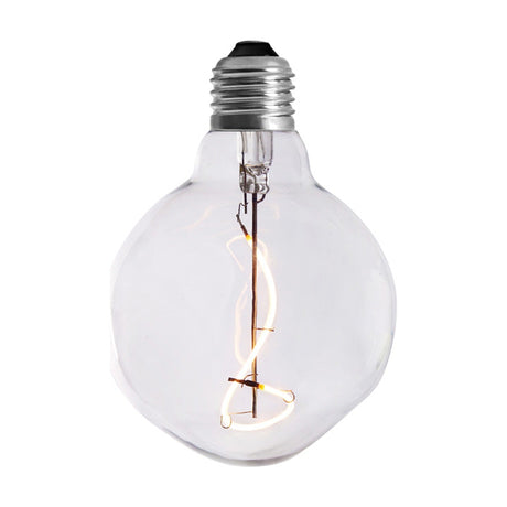 Colors Out Shape LED G95 4W bulb with clear irregular faceted glass, silver E27 screw cap, and a looped filament visible inside, shown on a plain white background.