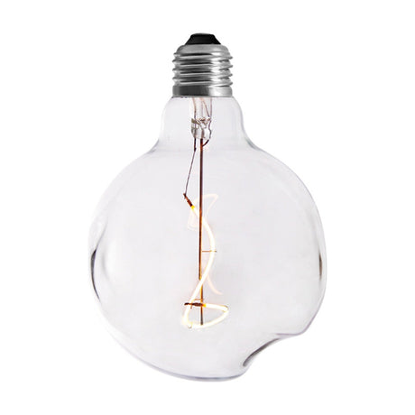 Colors Out Shape LED G125 4W Bulb, E27 clear glass globe with irregular faceted, hand-formed shape and a visible S-curved filament, on a plain white background.