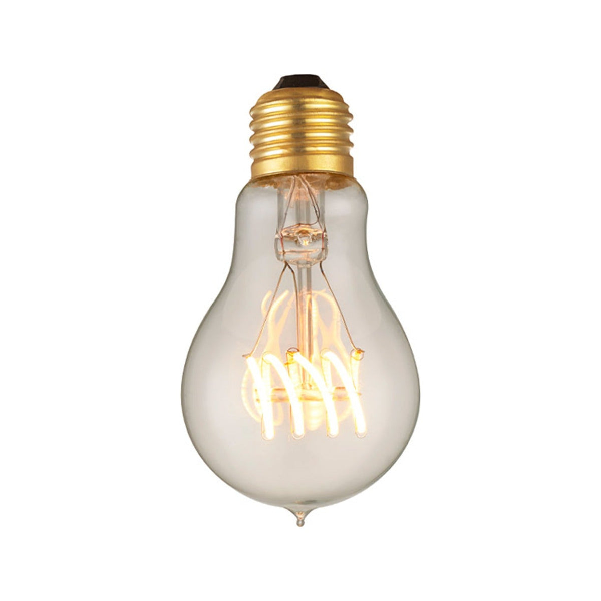 Colors Original LED Classic E27 2W Bulb, pear-shaped clear glass with brass-coloured screw cap and glowing open spiral filament, shown on a plain white background.