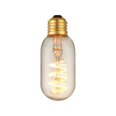 Colors Original LED Compact E27 2W Bulb with brass-coloured screw cap and amber glass tube, showing a lit spiral filament, on a plain white background.