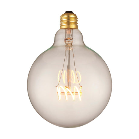 Colors Original LED Globe E27 2W Bulb, a large round clear glass globe with a brass-coloured screw cap and a loose spiral filament glowing low in the body, shown on a plain white background.