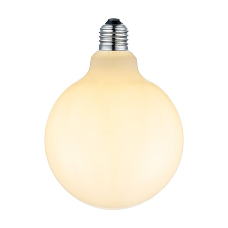 Colors Globe G125 E27 bulb in opal white glass, large round sphere with an even matte glow and a silver screw cap, shown on a plain white background.