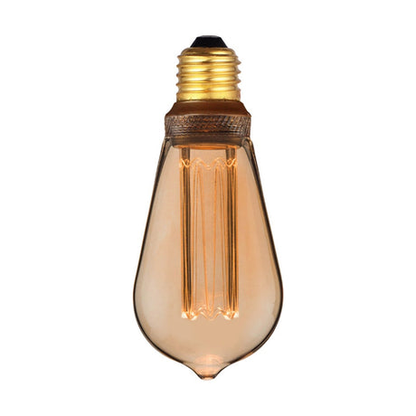 Colors LED Drop E27 5W Dimmable Bulb in amber glass with a teardrop shape, tall vertical filament column, brass-coloured E27 screw cap, and dark collar, shown on a plain white background.