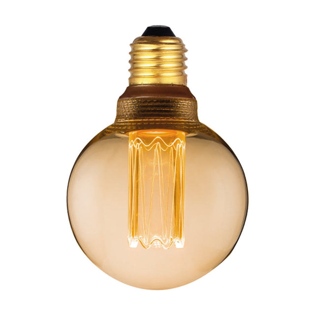 Colors LED Mini Globe G80 E27 5W Dimmable Bulb in amber glass with a tall ridged filament column, brass-coloured E27 screw cap and dark collar, shown on a plain white background.