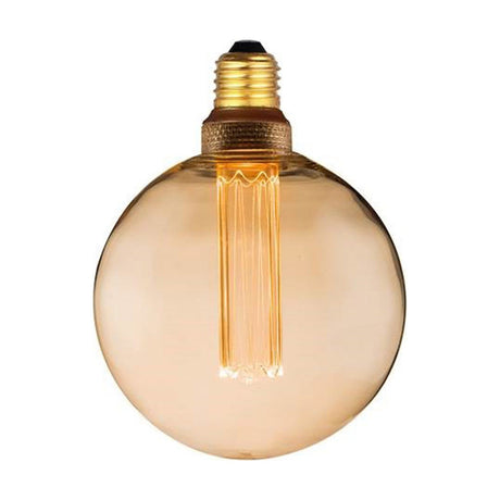 Colors LED Globe G125 E27 5W Dimmable Bulb in amber glass with a tall ridged filament column and brass-coloured screw cap, shown on a plain white background.