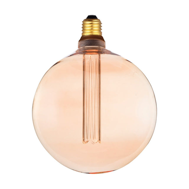 Colors LED XL G200 E27 5W Dimmable Bulb, a large round amber glass globe with a tall ridged filament column and brass-coloured screw cap, shown on a white background.