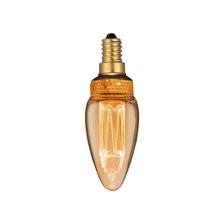 Colors LED Candle E14 2.3W Dimmable Bulb in amber glass with a pointed tip, visible filament, textured amber collar, and brass-coloured E14 screw cap on a plain white background.