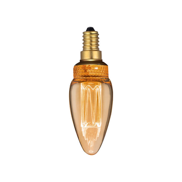 Colors LED Candle E14 2.3W Dimmable Bulb in amber glass with a pointed tip, visible filament, textured amber collar, and brass-coloured E14 screw cap on a plain white background.
