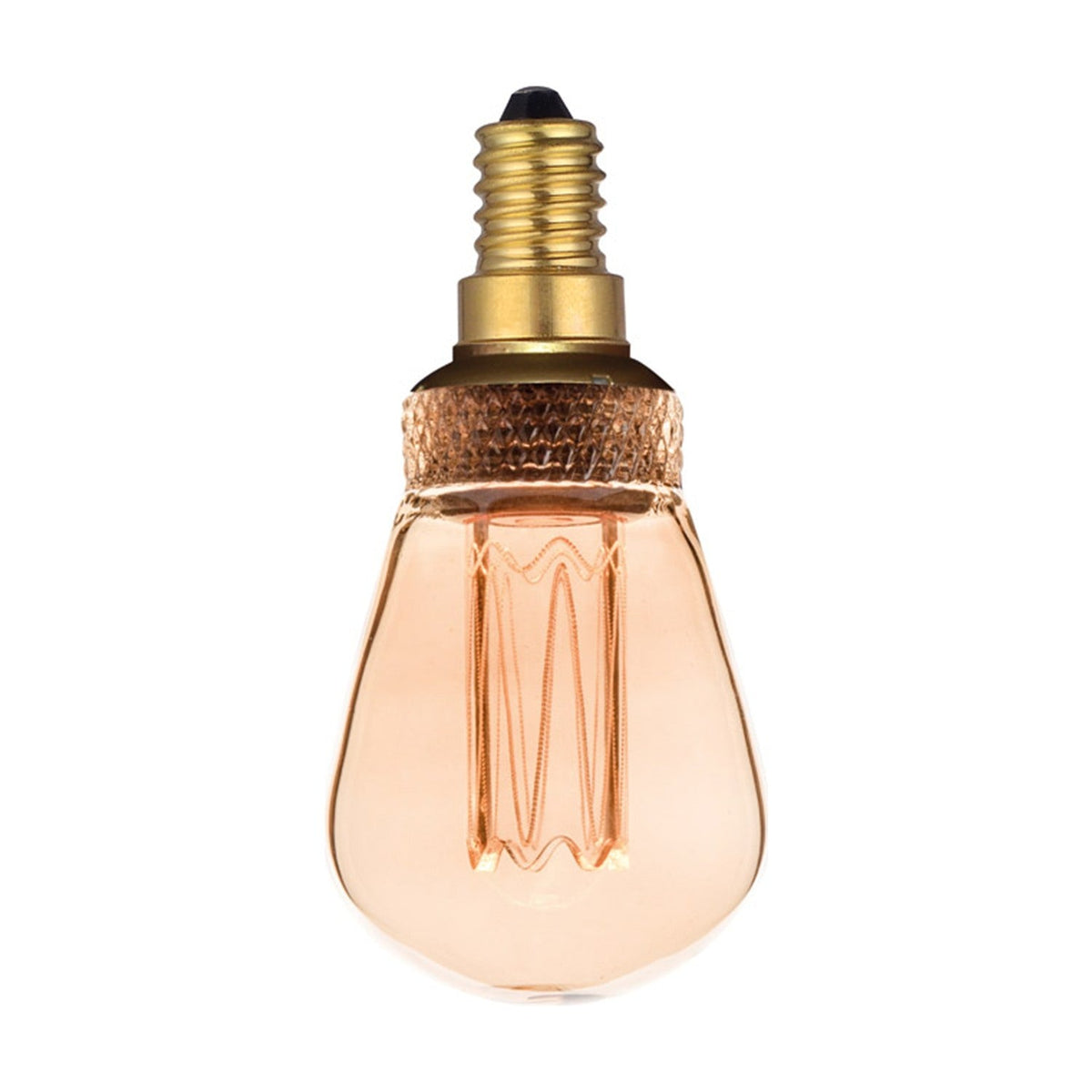 Colors LED Mini Drop E14 2.3W Dimmable Bulb, a teardrop-shaped amber glass bulb with a vertical filament column, textured copper collar, and brass screw cap on a plain white background.