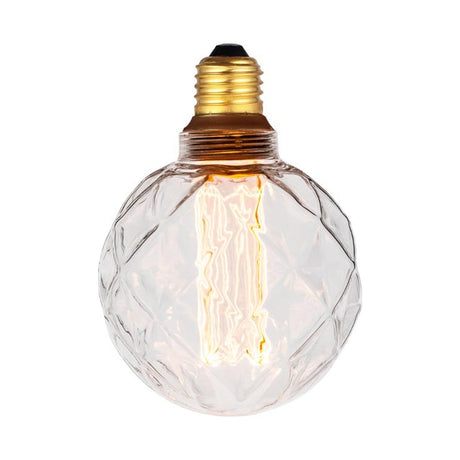 Colors LED Facet Mini Globe E27 Dimmable bulb with clear faceted glass sphere, brass fitting, and visible tall filament, shown lit against a plain white background.