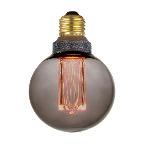 Colors LED Mini Globe G80 Dimmable bulb in smoke glass with E27 brass fitting and tall vertical filament column, shown lit against a plain white background.