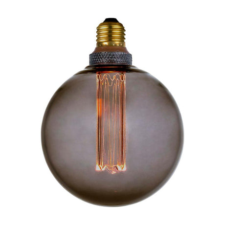 Colors LED Globe G125 Dimmable 3-Step Bulb in smoke glass, E27 fitting with a tall ridged filament column visible, shown on a plain white background.