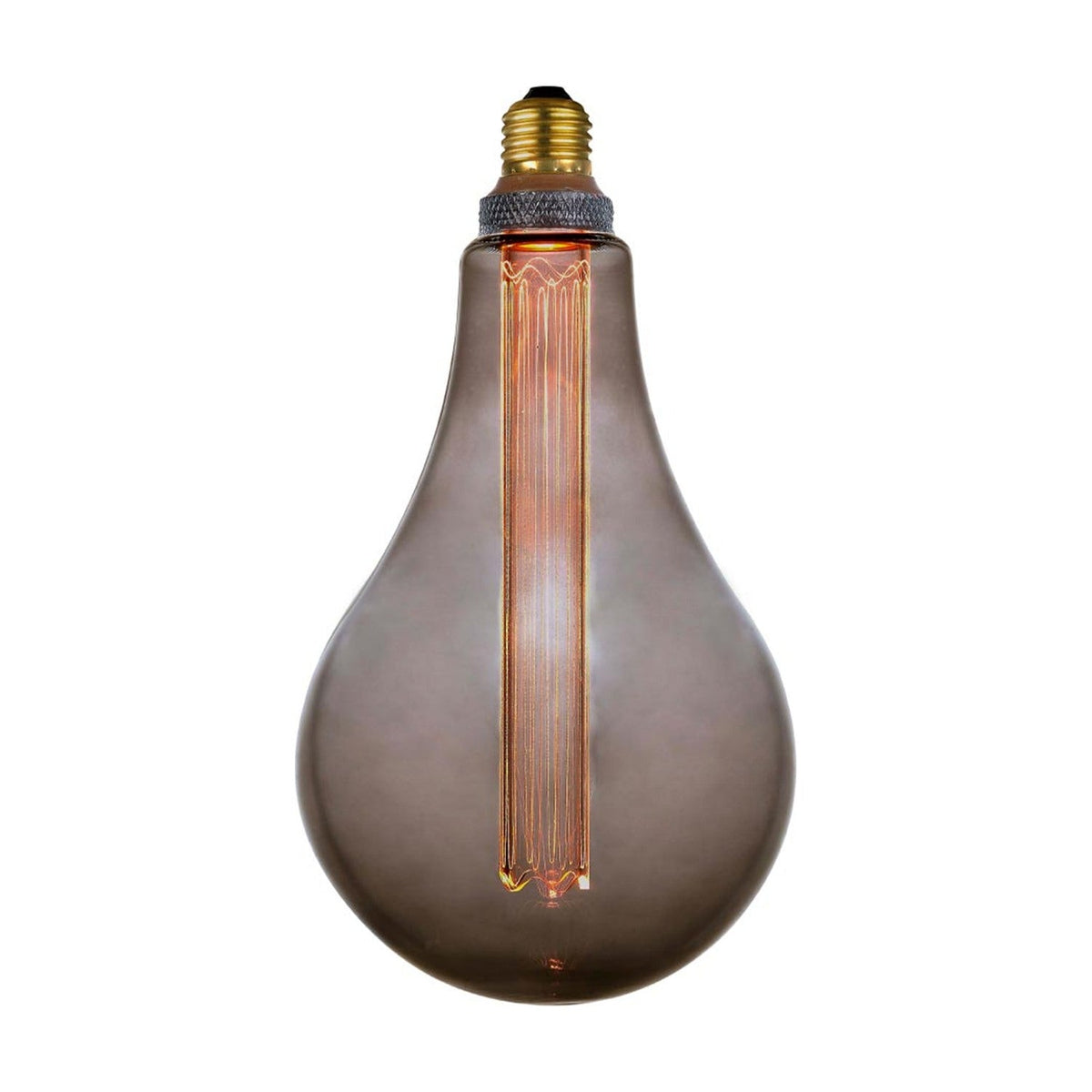 Colors LED XL G165 E27 dimmable bulb in smoke grey glass, large teardrop shape with tall vertical filament and knurled silver collar, on a white background.