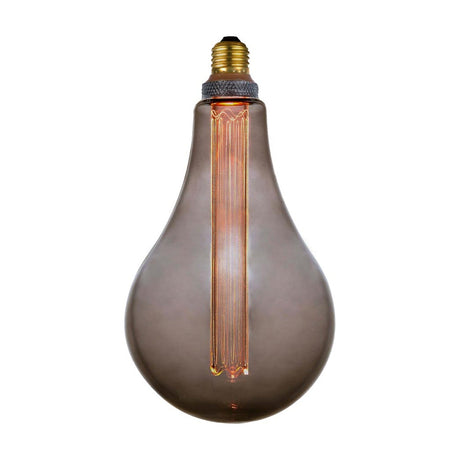 Colors LED XL G165 E27 dimmable bulb in smoke grey glass, large teardrop shape with tall vertical filament and knurled silver collar, on a white background.