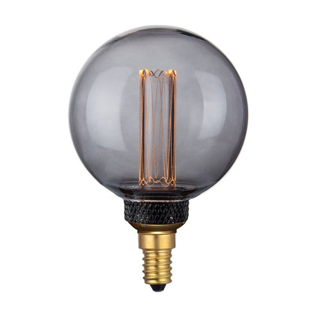 Colors LED Mini Globe E14 Dimmable Memory Bulb in smoke glass, showing a vertical filament column, knurled collar and brass E14 screw cap on a white background.