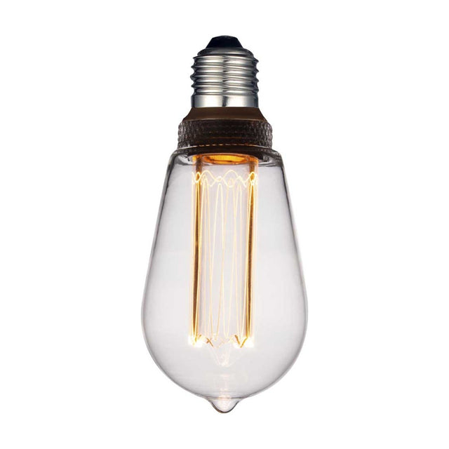 Colors LED Drop BLITZ 5W Dimmable 3-Step Bulb, an E27 teardrop bulb in clear glass with a tall vertical filament column and dark screw cap, shown on a plain white background.