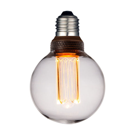 Colors LED Mini Globe BLITZ Dimmable bulb with clear glass globe, visible vertical filament column, silver E27 screw cap, and dark collar, shown on a plain white background.