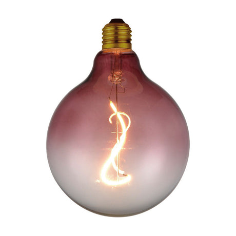 Colors Soft LED G125 3-Step Bulb in Rose, a large round E27 bulb with glass fading from deep rose to frosted white, curved filament and brass screw cap, on a plain white background.