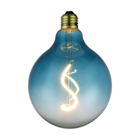 Blue glass G125 LED bulb with E27 brass screw fitting, gradient from deep teal crown to frosted white base, and warm S-shaped filament, on white background.