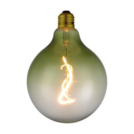 Colors Soft LED G125 3-Step Bulb in green, a large round E27 bulb with glass fading from bottle green at the crown to frosted white, brass fitting and S-shaped filament, shown on a white background.