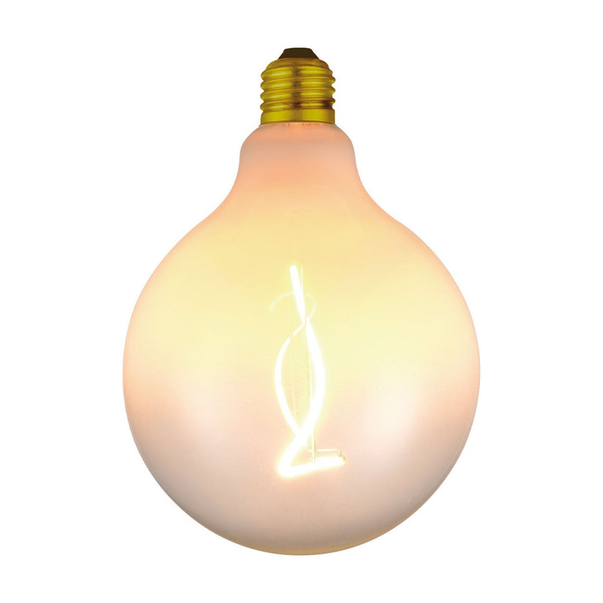 Colors Soft LED G125 3-Step Bulb in opal white glass with a brass-coloured E27 screw cap and a visible S-shaped filament glowing inside, shown on a plain white background.