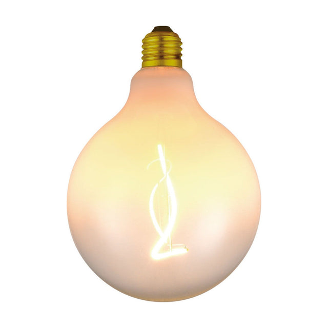 Colors Soft LED G125 3-Step Bulb in opal white glass with a brass-coloured E27 screw cap and a visible S-shaped filament glowing inside, shown on a plain white background.