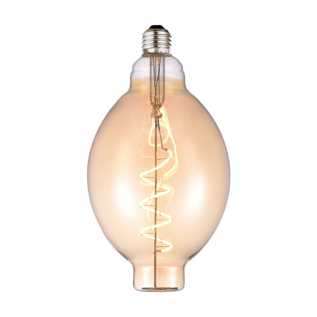 Colors Bubbles E27 2W LED filament bulb in amber glass, tall oval shape with spiral filament and silver screw cap, on a white background.