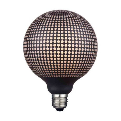 Dots 6W 3-Step Print Bulb, a large round E27 globe in smoke glass with an all-over black dot halftone pattern and warm opal glow, shown on a plain white background.