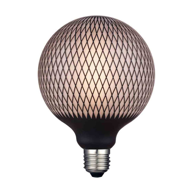 Colors Diamond 6W 3-Step Print Bulb in smoke glass, a large globe with a black diamond mesh pattern over warm opal glass, matt black neck and E27 fitting, shown on a plain white background.