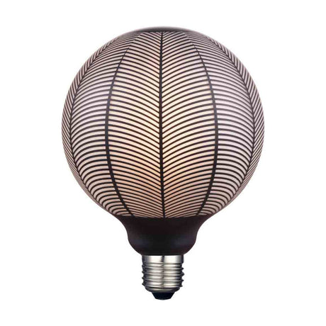 Leaves 6W 3-Step Print Bulb, a large round E27 lamp in smoke glass with a fine black leaf-vein line print over warm opal glass, shown on a plain white background.