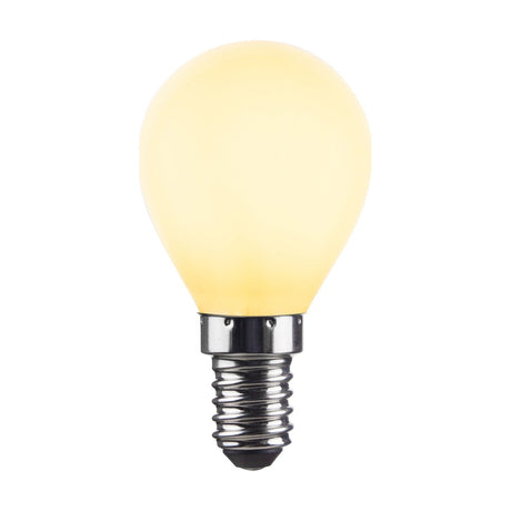 Colors Mini Crown E14 3-Step Memory Bulb in opal white glass with a rounded golf-ball shape and silver ribbed E14 screw cap, shown on a plain white background.